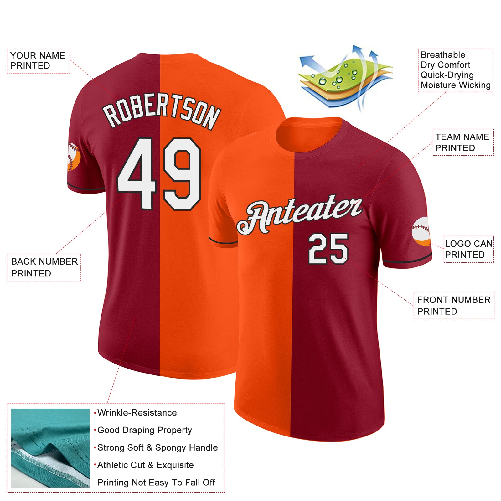 Custom Crimson Orange-Black Split Fashion Performance T-Shirt