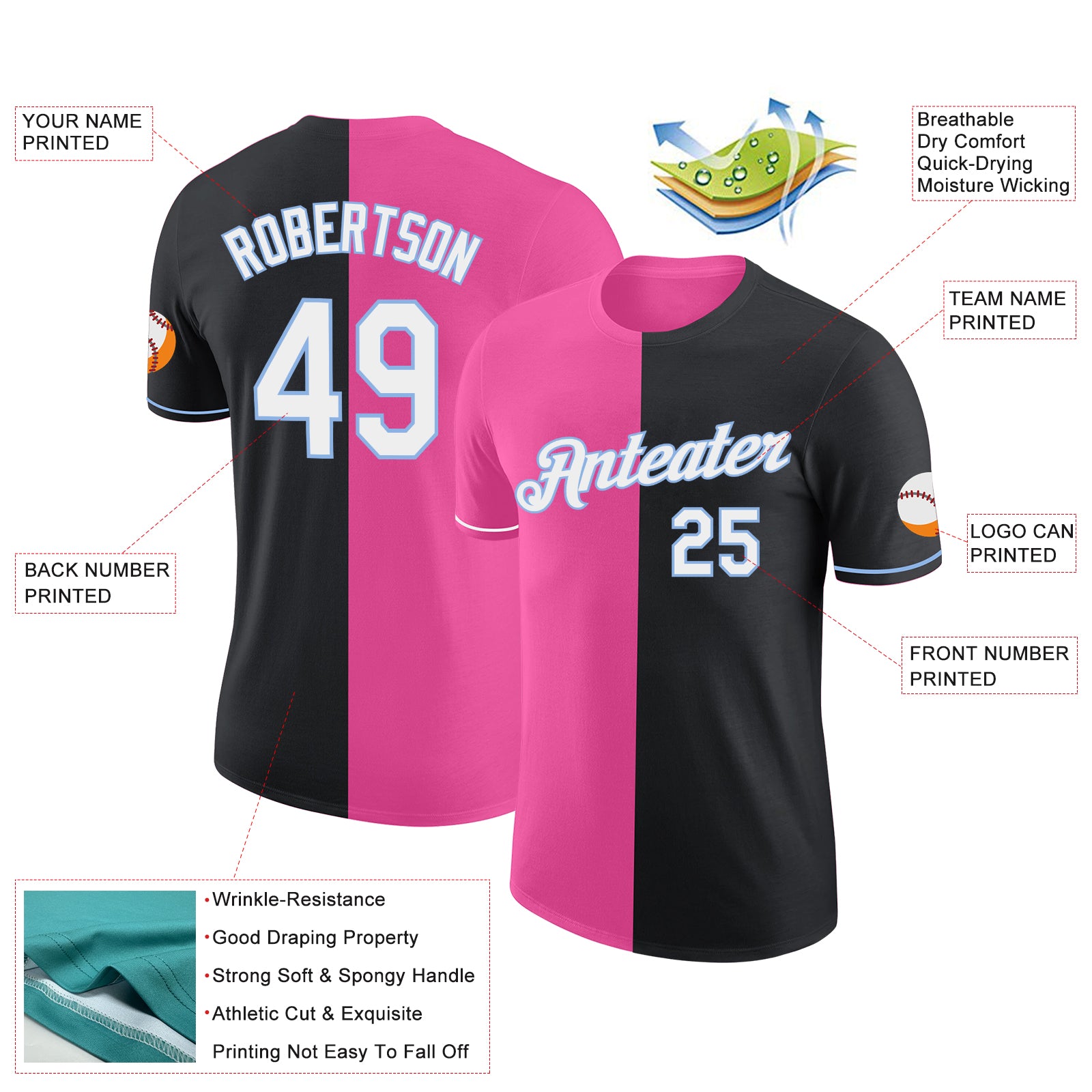 Custom Black Pink-Light Blue Split Fashion Performance T-Shirt