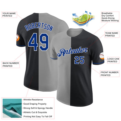 Custom Black Royal-Gray Split Fashion Performance T-Shirt