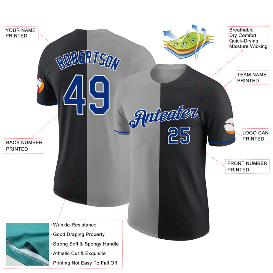 Custom Black Royal-Gray Split Fashion Performance T-Shirt