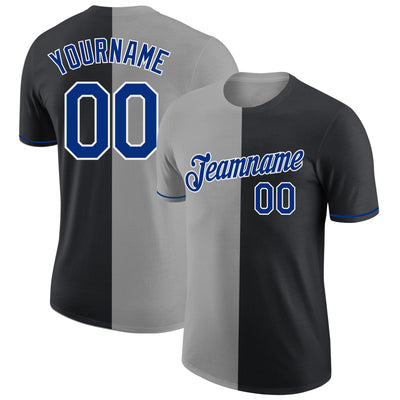 Custom Black Royal-Gray Split Fashion Performance T-Shirt