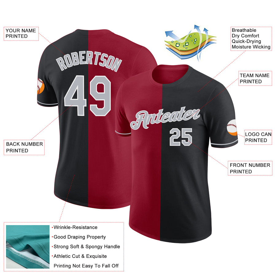 Custom Black Gray-Crimson Split Fashion Performance T-Shirt