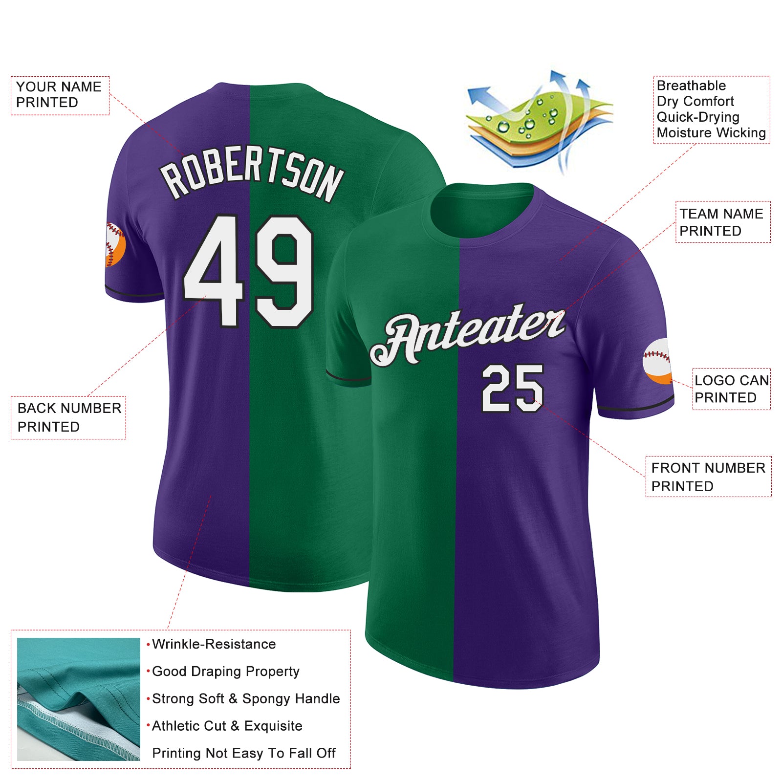 Custom Purple Kelly Green-Black Split Fashion Performance T-Shirt