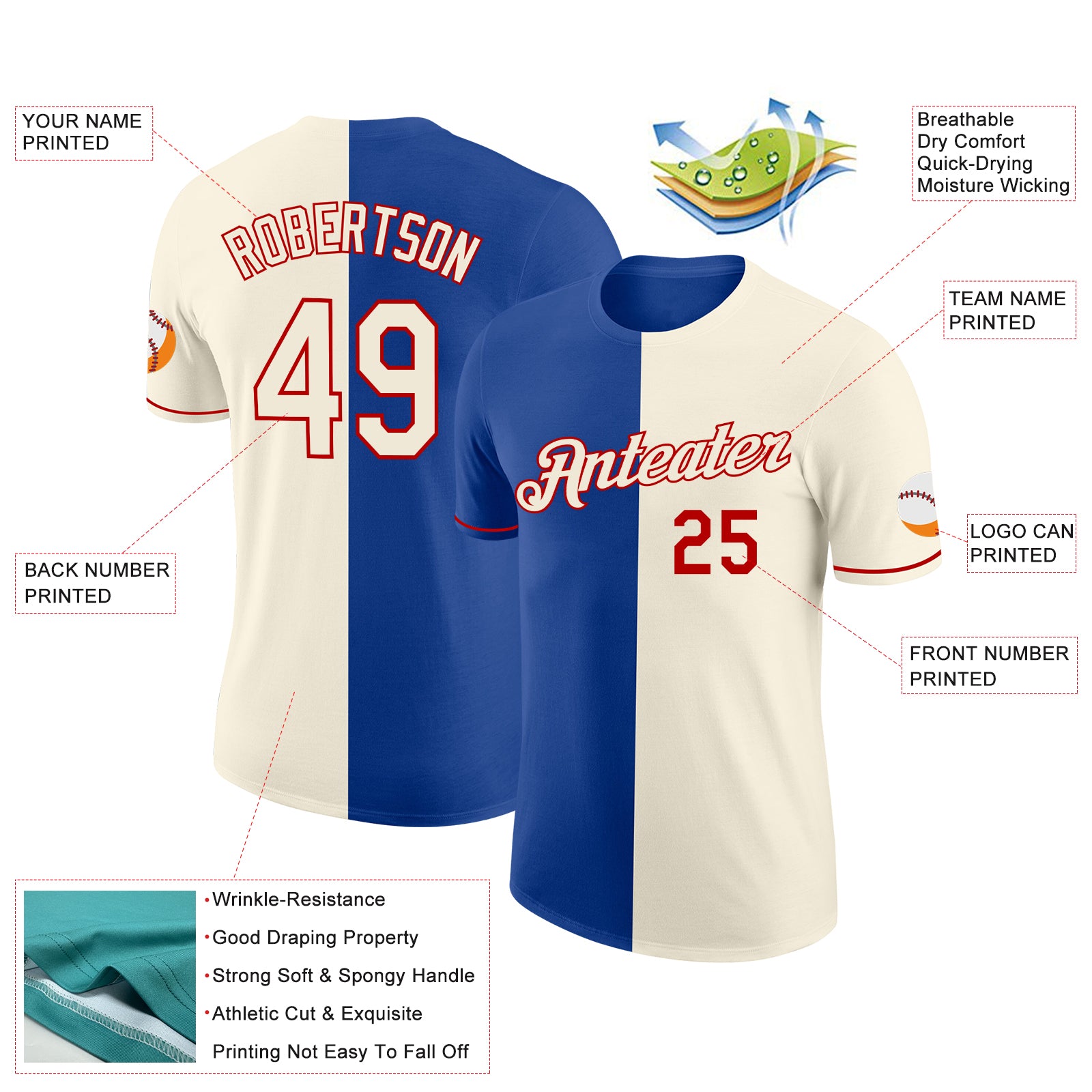 Custom Cream Royal-Red Split Fashion Performance T-Shirt