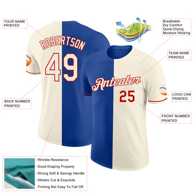 Custom Cream Royal-Red Split Fashion Performance T-Shirt