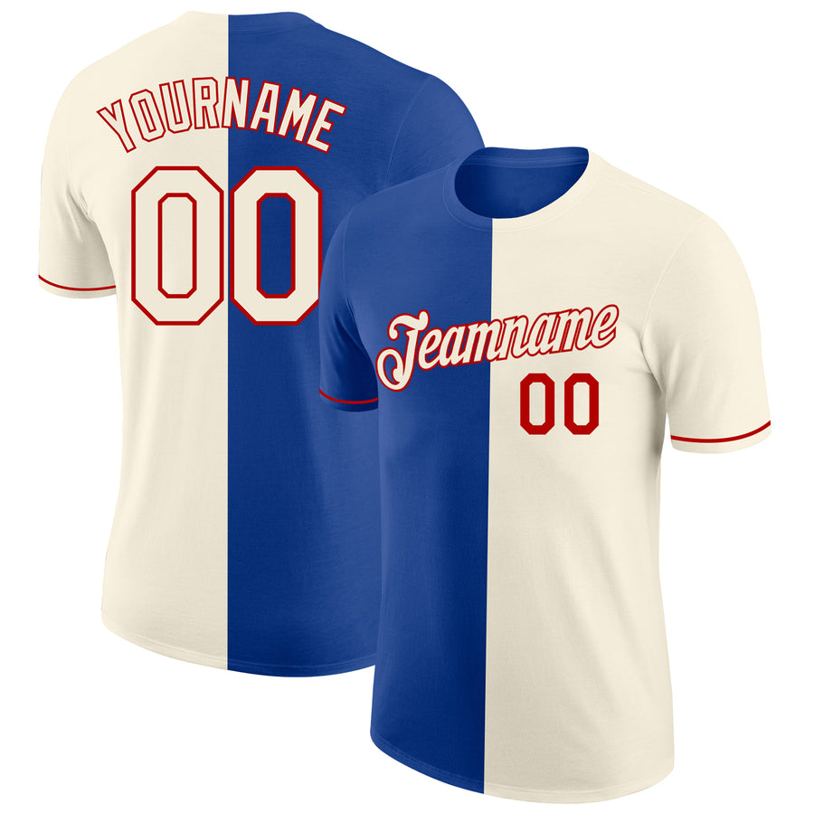 Custom Cream Royal-Red Split Fashion Performance T-Shirt