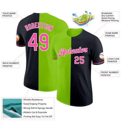 Custom Black Pink-Neon Green Split Fashion Performance T-Shirt