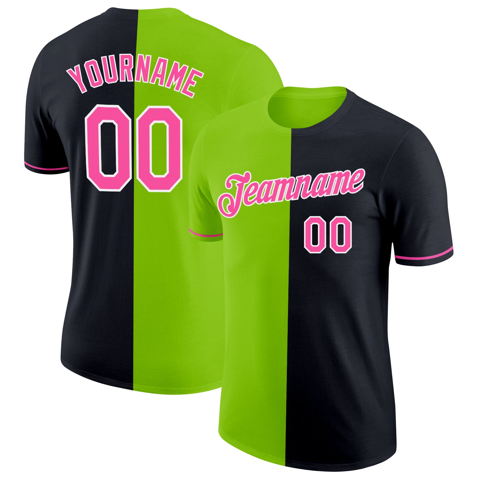 Custom Black Pink-Neon Green Split Fashion Performance T-Shirt