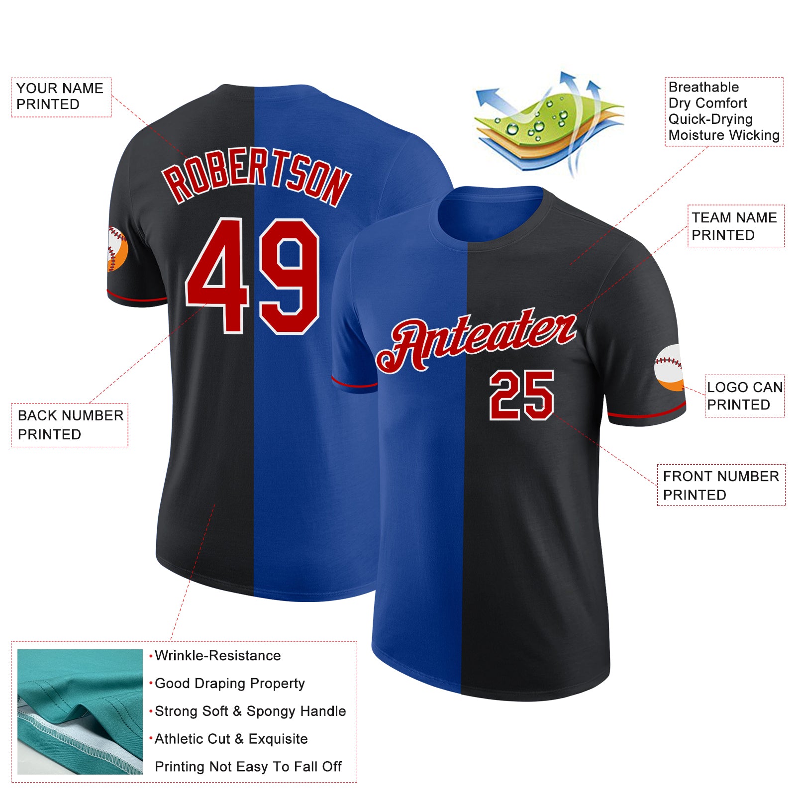 Custom Black Red-Royal Split Fashion Performance T-Shirt