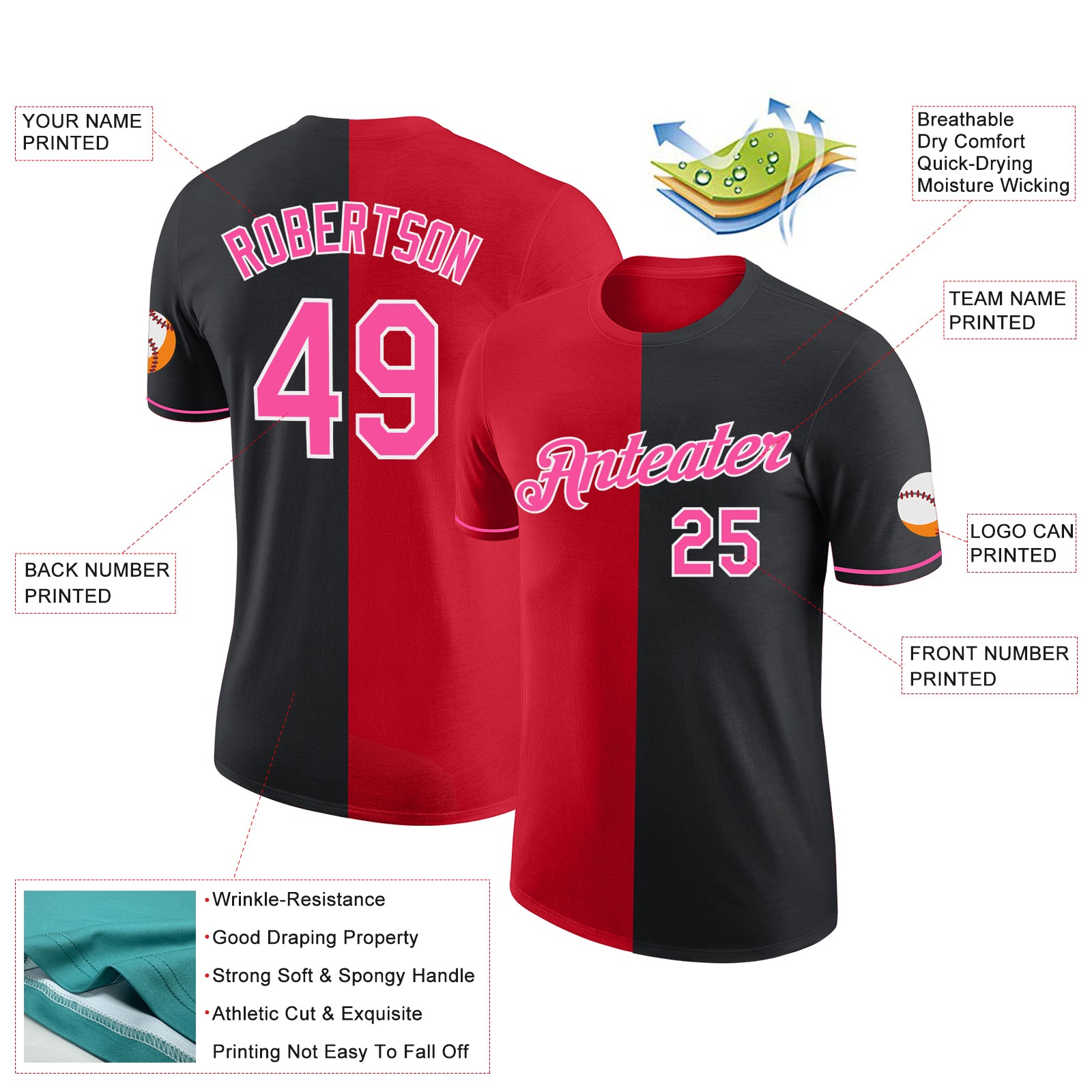 Custom Black Pink-Red Split Fashion Performance T-Shirt