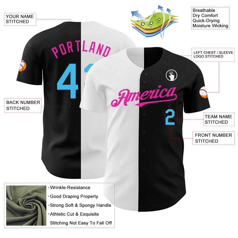 Custom Black Sky Blue Deep Pink-White Authentic Split Fashion Baseball Jersey