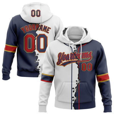 Custom Navy Red Old Gold-White Split Ripped Pattern Baseball Pullover Sweatshirt Hoodie