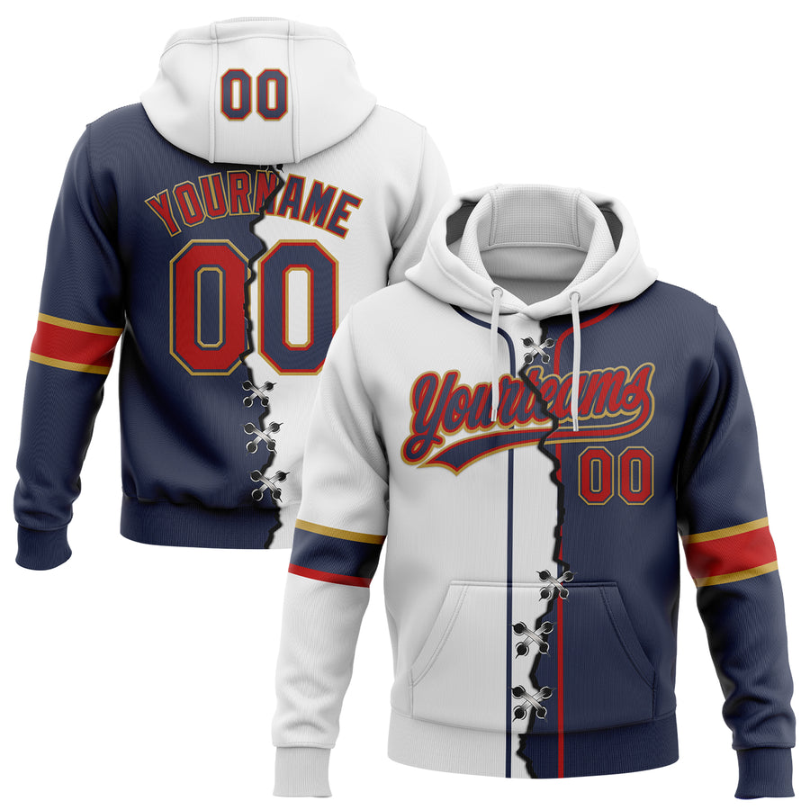 Custom Navy Red Old Gold-White Split Ripped Pattern Baseball Pullover Sweatshirt Hoodie