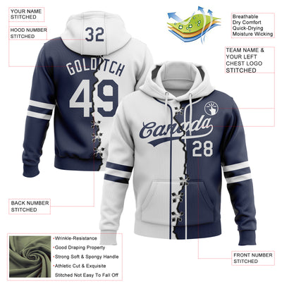 Custom Navy White Split Ripped Pattern Baseball Pullover Sweatshirt Hoodie
