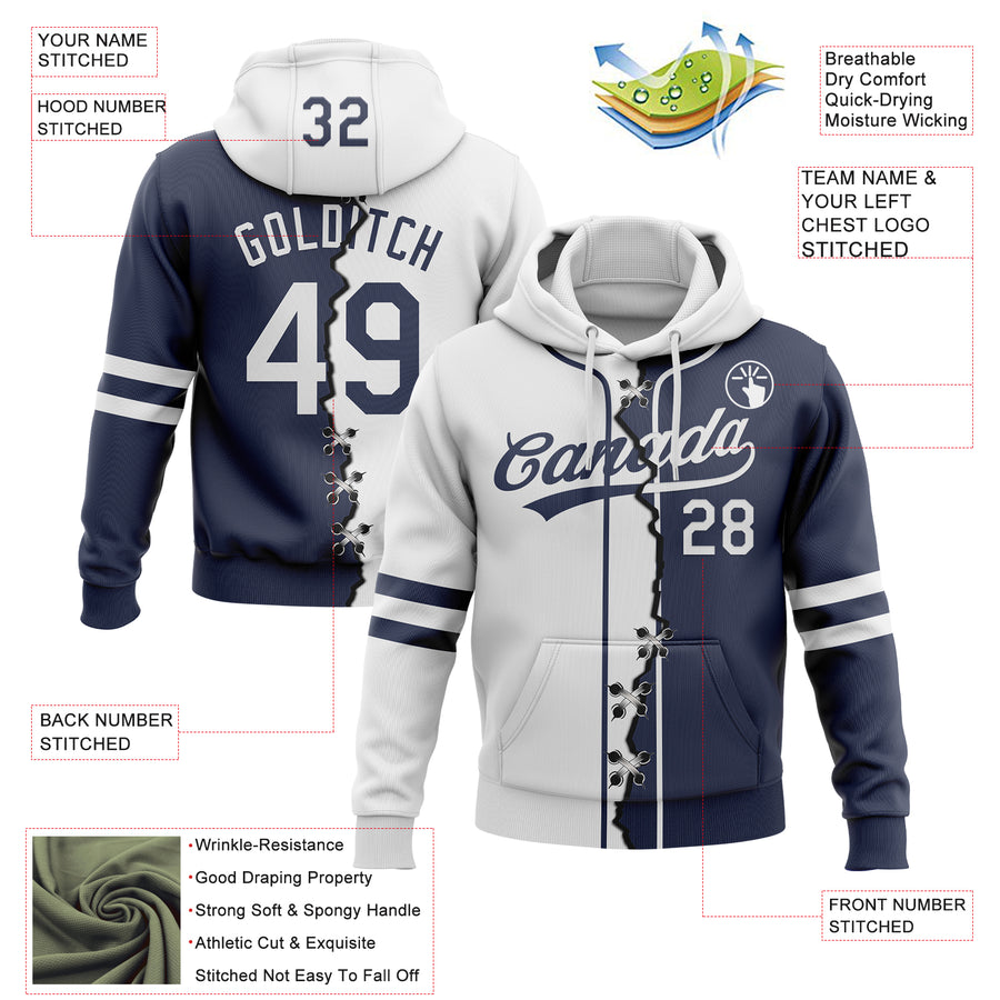 Custom Navy White Split Ripped Pattern Baseball Pullover Sweatshirt Hoodie