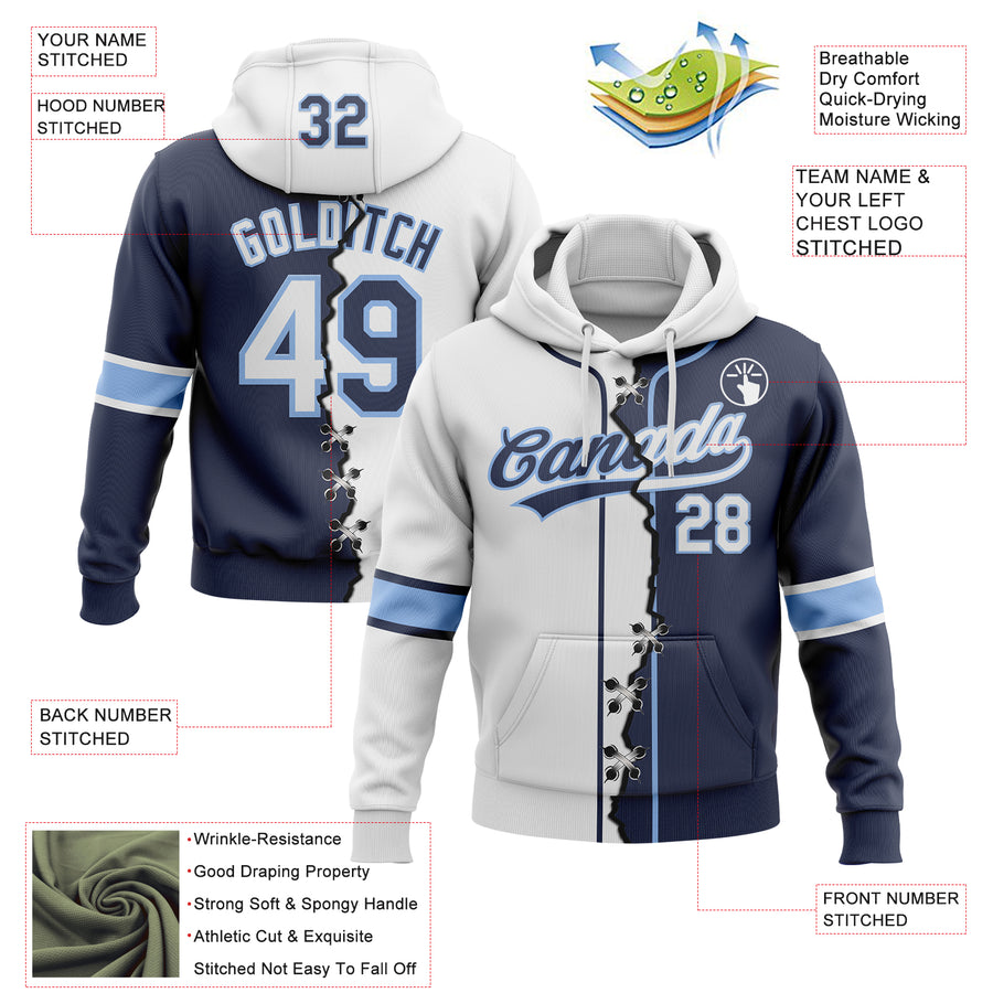 Custom Navy White-Light Blue Split Ripped Pattern Baseball Pullover Sweatshirt Hoodie