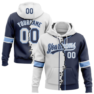 Custom Navy White-Light Blue Split Ripped Pattern Baseball Pullover Sweatshirt Hoodie