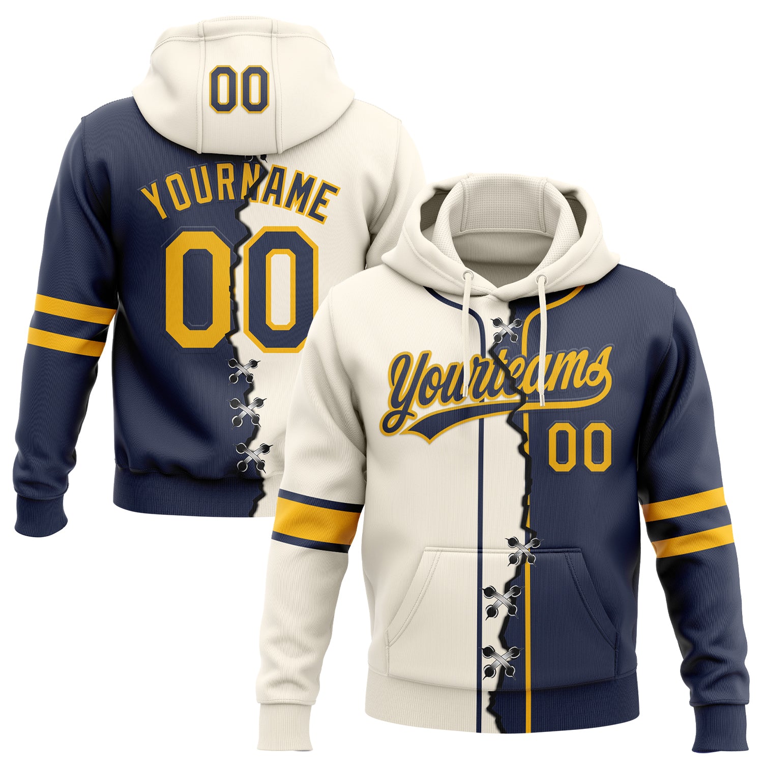 Custom Navy Gold-Cream Split Ripped Pattern Baseball Pullover Sweatshirt Hoodie