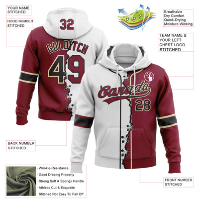 Custom Crimson Black Cream-White Split Ripped Pattern Baseball Pullover Sweatshirt Hoodie