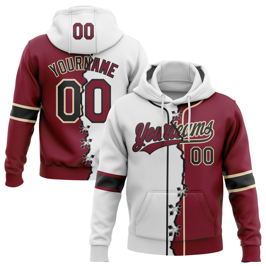 Custom Crimson Black Cream-White Split Ripped Pattern Baseball Pullover Sweatshirt Hoodie