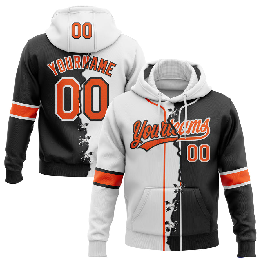 Custom Black Orange-White Split Ripped Pattern Baseball Pullover Sweatshirt Hoodie