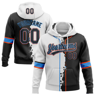 Custom White Black Powder Blue-Orange Split Ripped Pattern Baseball Pullover Sweatshirt Hoodie