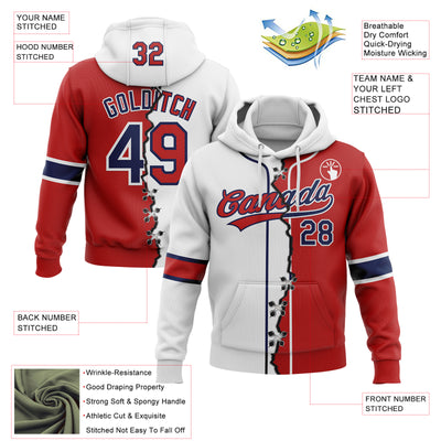 Custom Red Navy-White Split Ripped Pattern Baseball Pullover Sweatshirt Hoodie