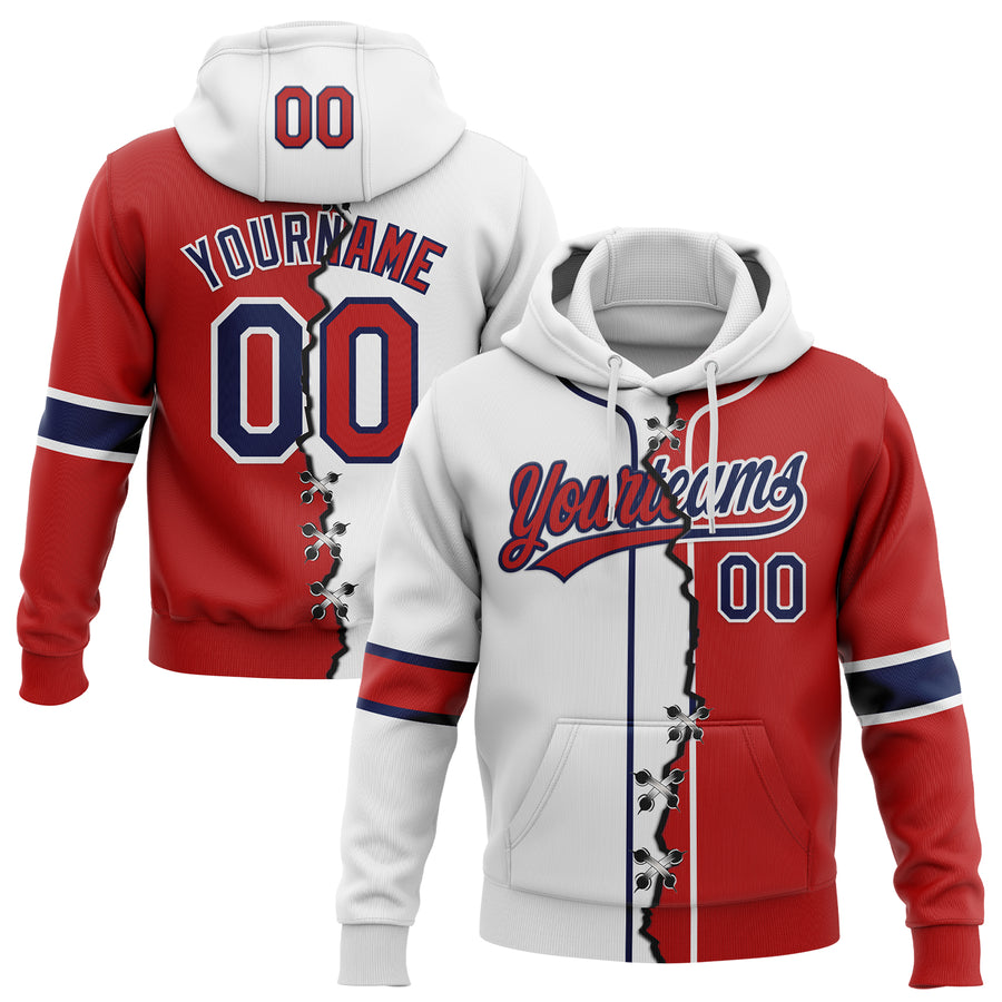 Custom Red Navy-White Split Ripped Pattern Baseball Pullover Sweatshirt Hoodie