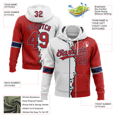 Custom White Red Navy-Gray Split Ripped Pattern Baseball Pullover Sweatshirt Hoodie
