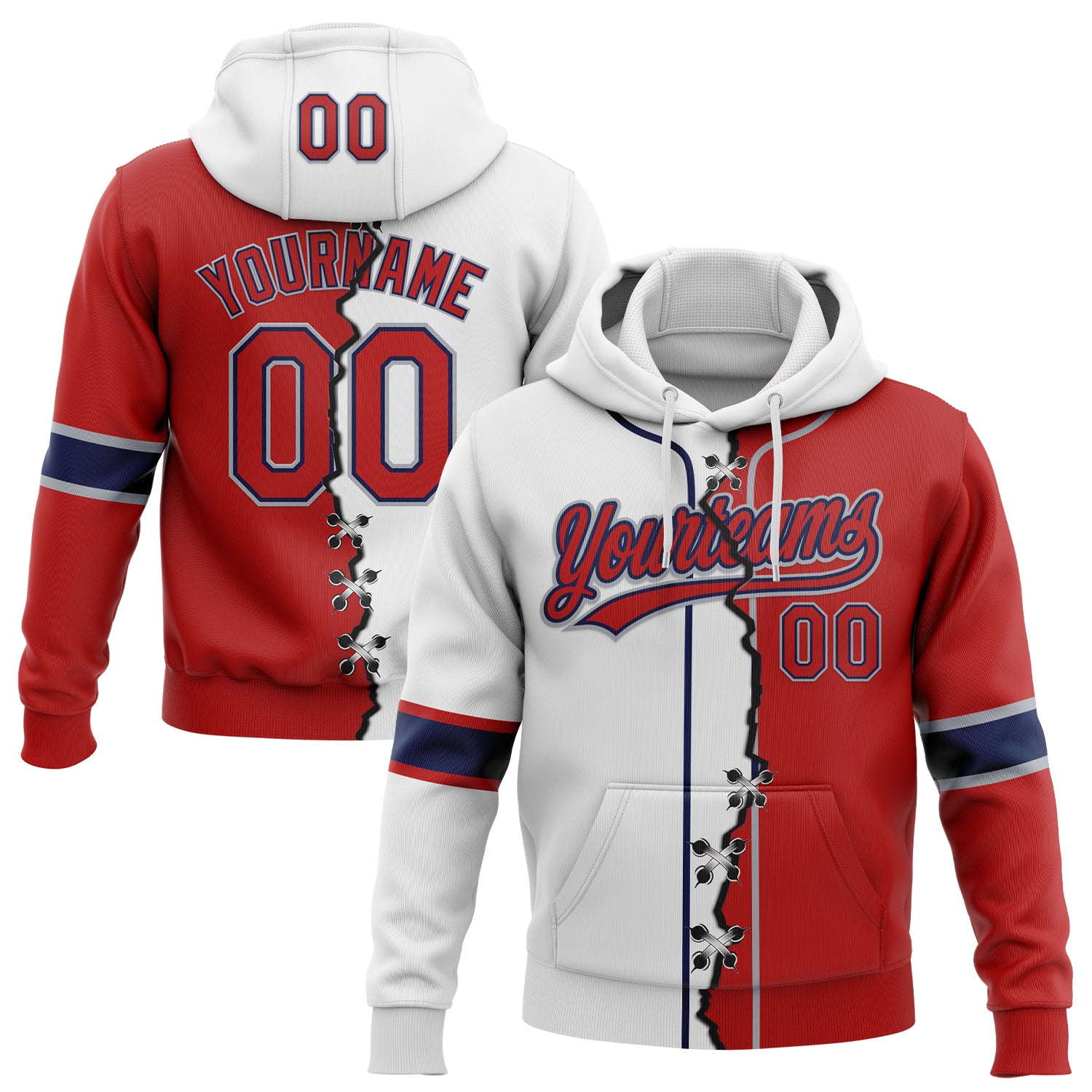 Custom White Red Navy-Gray Split Ripped Pattern Baseball Pullover Sweatshirt Hoodie