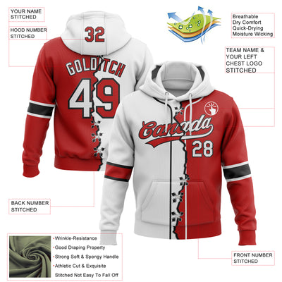 Custom Red White-Black Split Ripped Pattern Baseball Pullover Sweatshirt Hoodie