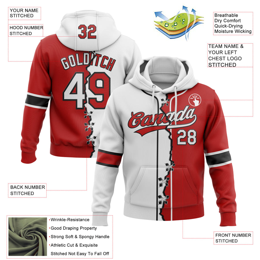 Custom Red White-Black Split Ripped Pattern Baseball Pullover Sweatshirt Hoodie