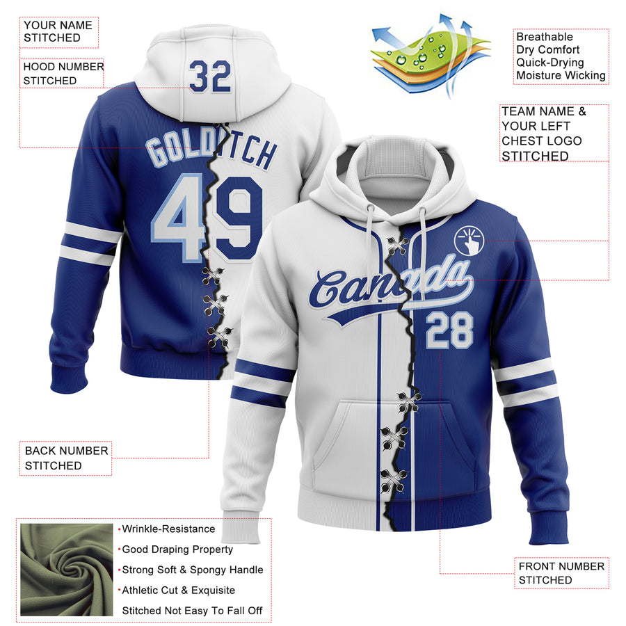 Custom Royal White-Light Blue Split Ripped Pattern Baseball Pullover Sweatshirt Hoodie