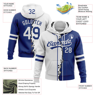 Custom Royal White Split Ripped Pattern Baseball Pullover Sweatshirt Hoodie