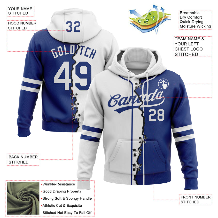 Custom Royal White Split Ripped Pattern Baseball Pullover Sweatshirt Hoodie