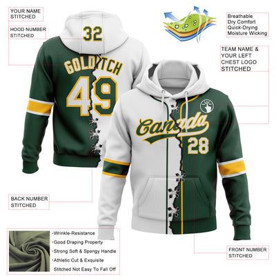 Custom Green White-Gold Split Ripped Pattern Baseball Pullover Sweatshirt Hoodie