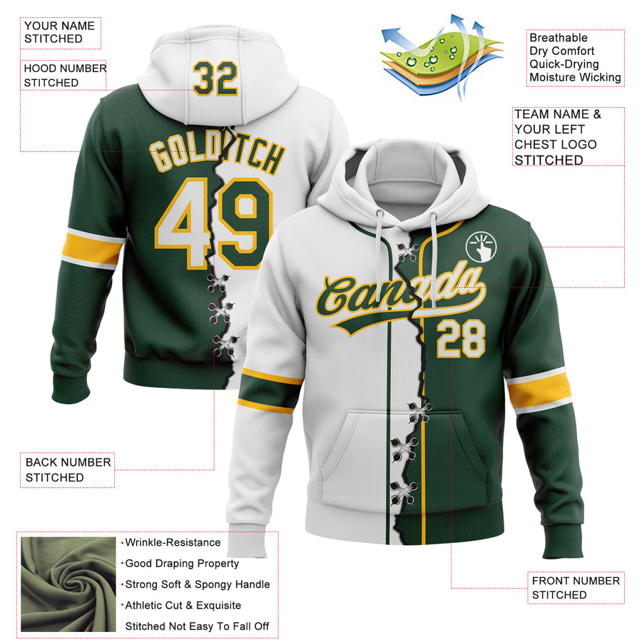 Custom Green White-Gold Split Ripped Pattern Baseball Pullover Sweatshirt Hoodie