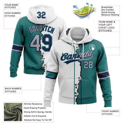 Custom Teal Gray Navy-White Split Ripped Pattern Baseball Pullover Sweatshirt Hoodie