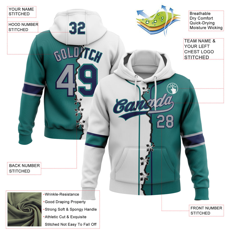 Custom Teal Gray Navy-White Split Ripped Pattern Baseball Pullover Sweatshirt Hoodie