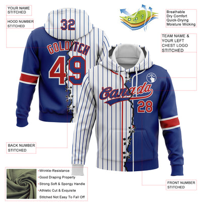 Custom Royal Red-White Pinstripe Split Ripped Pattern Baseball Pullover Sweatshirt Hoodie