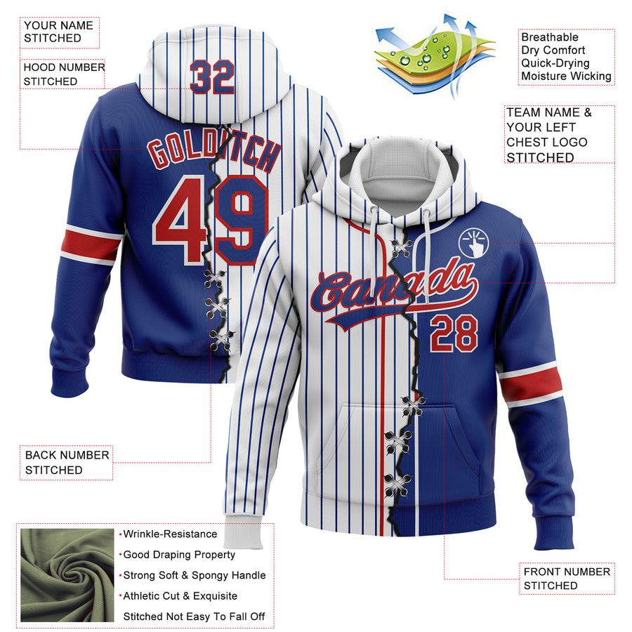 Custom Royal Red-White Pinstripe Split Ripped Pattern Baseball Pullover Sweatshirt Hoodie
