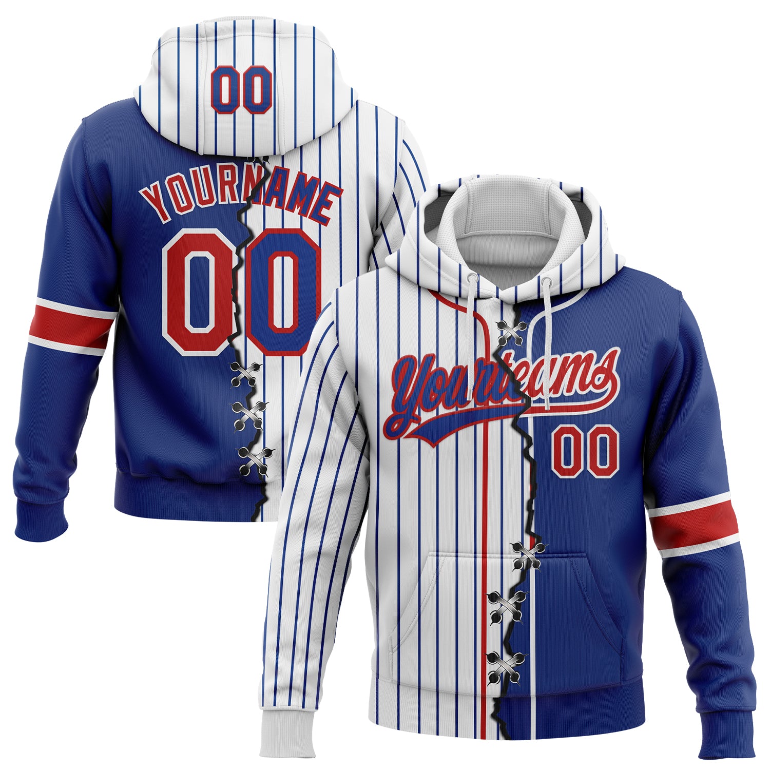 Custom Royal Red-White Pinstripe Split Ripped Pattern Baseball Pullover Sweatshirt Hoodie