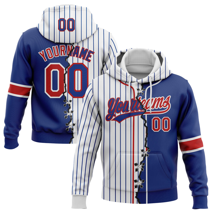 Custom Royal Red-White Pinstripe Split Ripped Pattern Baseball Pullover Sweatshirt Hoodie