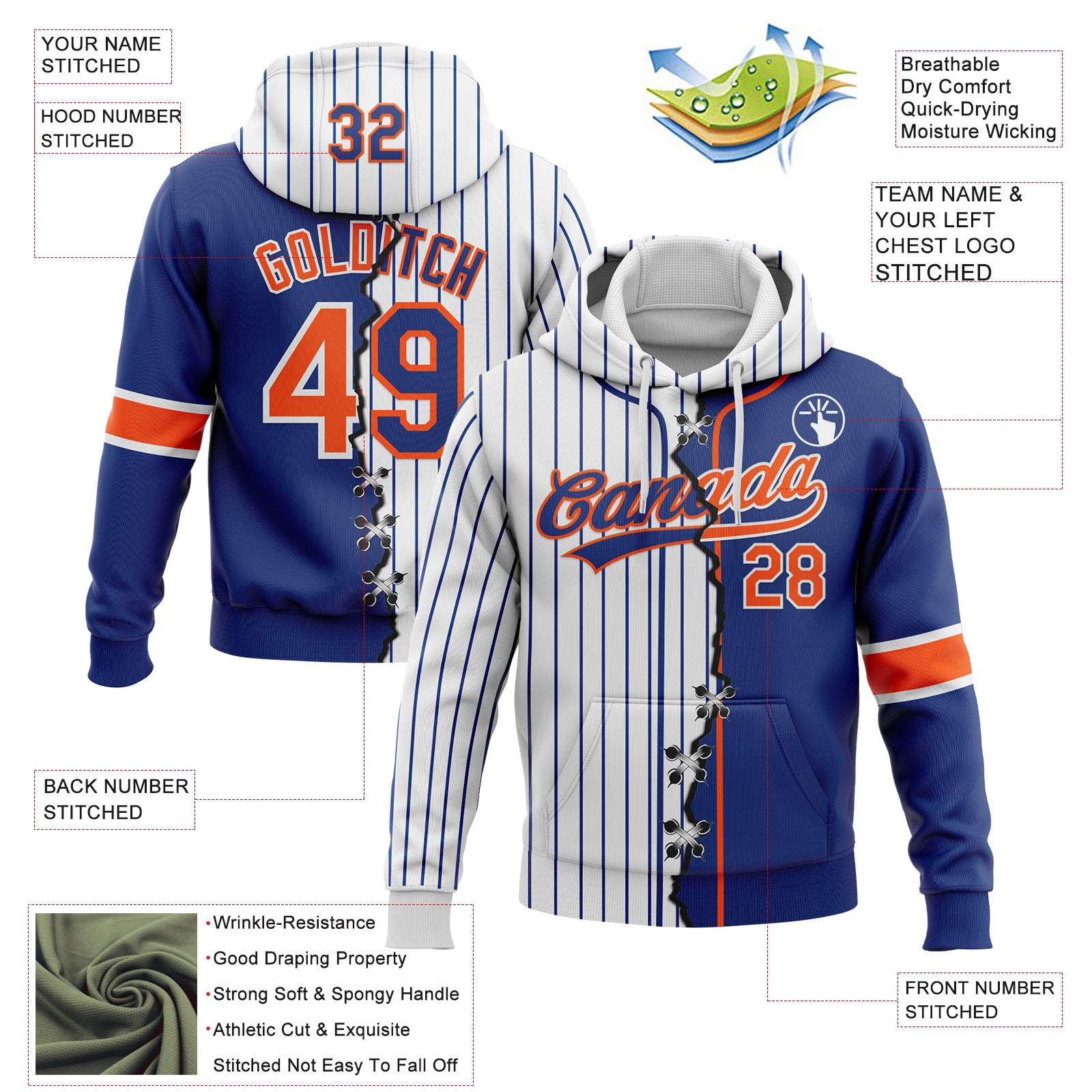 Custom Royal Orange-White Pinstripe Split Ripped Pattern Baseball Pullover Sweatshirt Hoodie