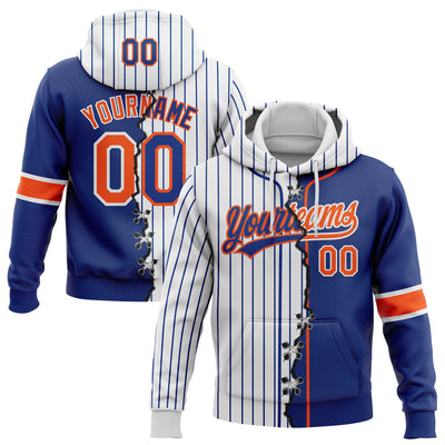 Custom Royal Orange-White Pinstripe Split Ripped Pattern Baseball Pullover Sweatshirt Hoodie