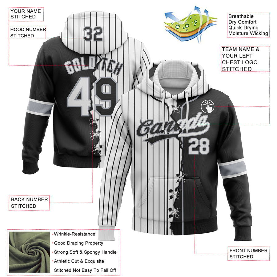Custom Black White-Gray Pinstripe Split Ripped Pattern Baseball Pullover Sweatshirt Hoodie