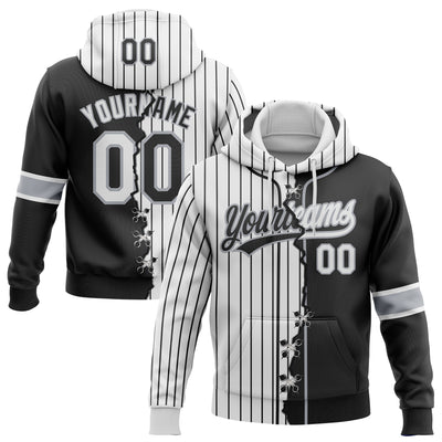 Custom Black White-Gray Pinstripe Split Ripped Pattern Baseball Pullover Sweatshirt Hoodie
