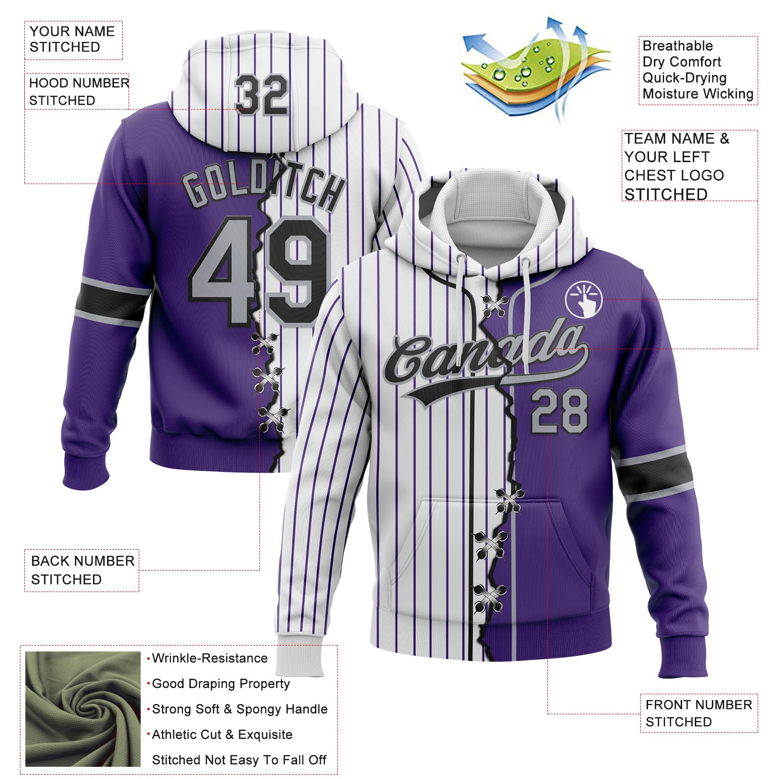 Custom Purple Gray Black-White Pinstripe Split Ripped Pattern Baseball Pullover Sweatshirt Hoodie