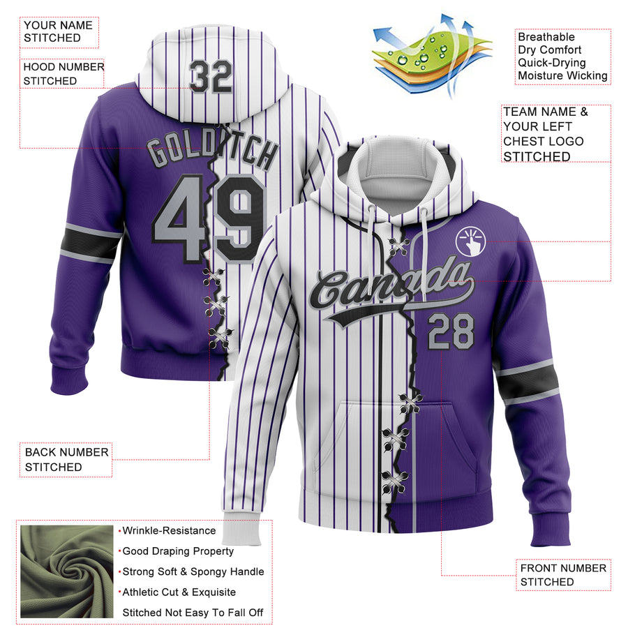 Custom Purple Gray Black-White Pinstripe Split Ripped Pattern Baseball Pullover Sweatshirt Hoodie