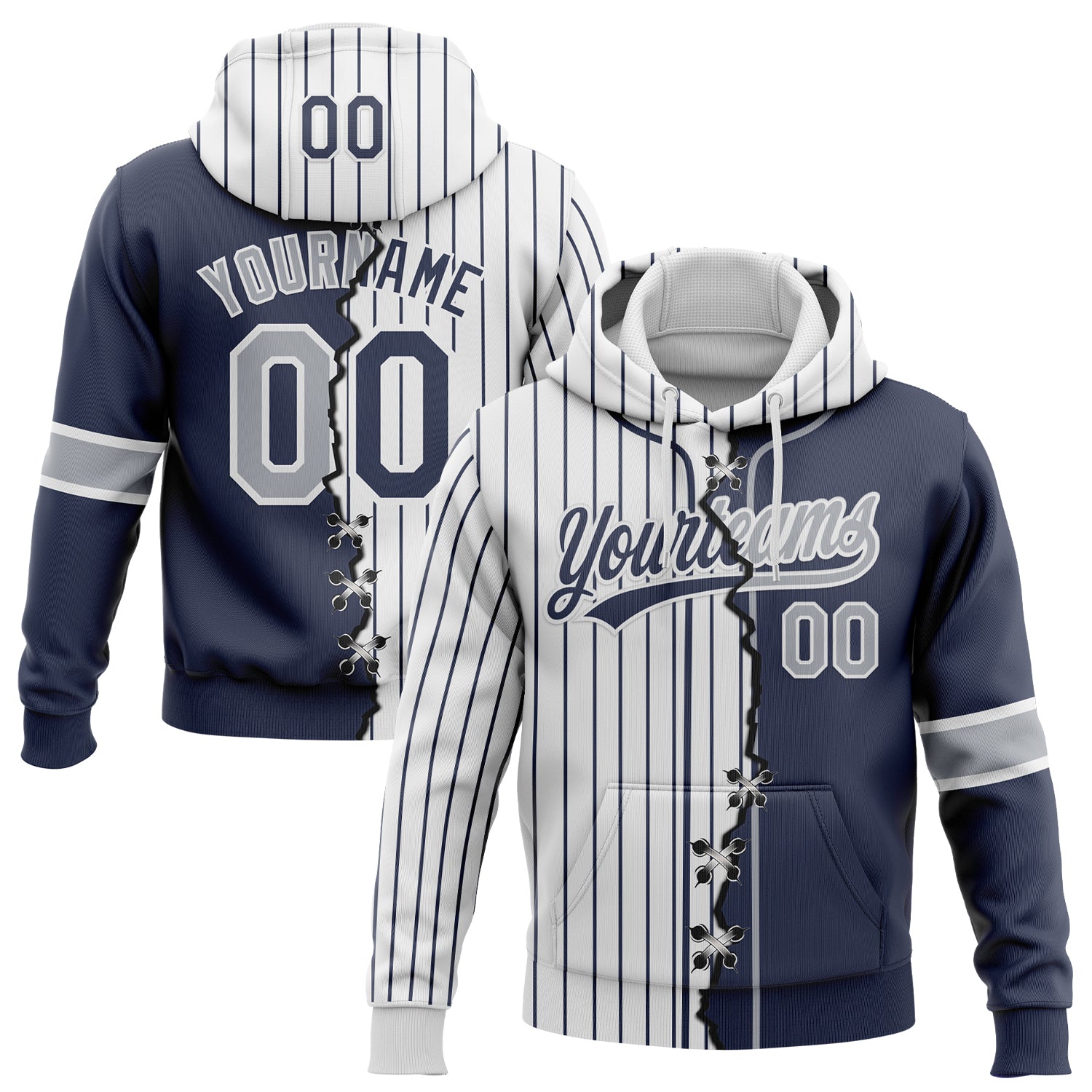 Custom Navy Gray-White Pinstripe Split Ripped Pattern Baseball Pullover Sweatshirt Hoodie